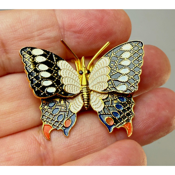 Damascene Jewelry - Vintage Gold Tone Orange Tail Damascene Butterfly Brooch Pin Marked Spain Enamel